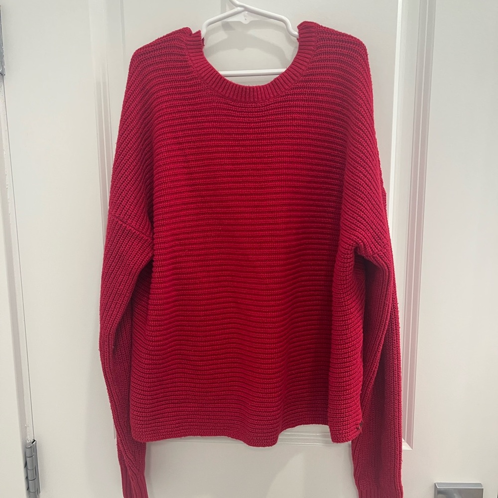 Hollister Red Crew Neck Sweater with Ribbed Knit